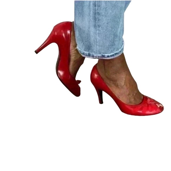Marc Jacobs Red Patent Leather Peep Toe Bow Stiletto Heels Women's Shoes - Picture 4 of 11
